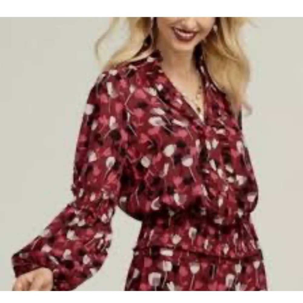 Cabi Corsage Women's Blouse Red Wine Floral Smocked Ruffle Top Size S